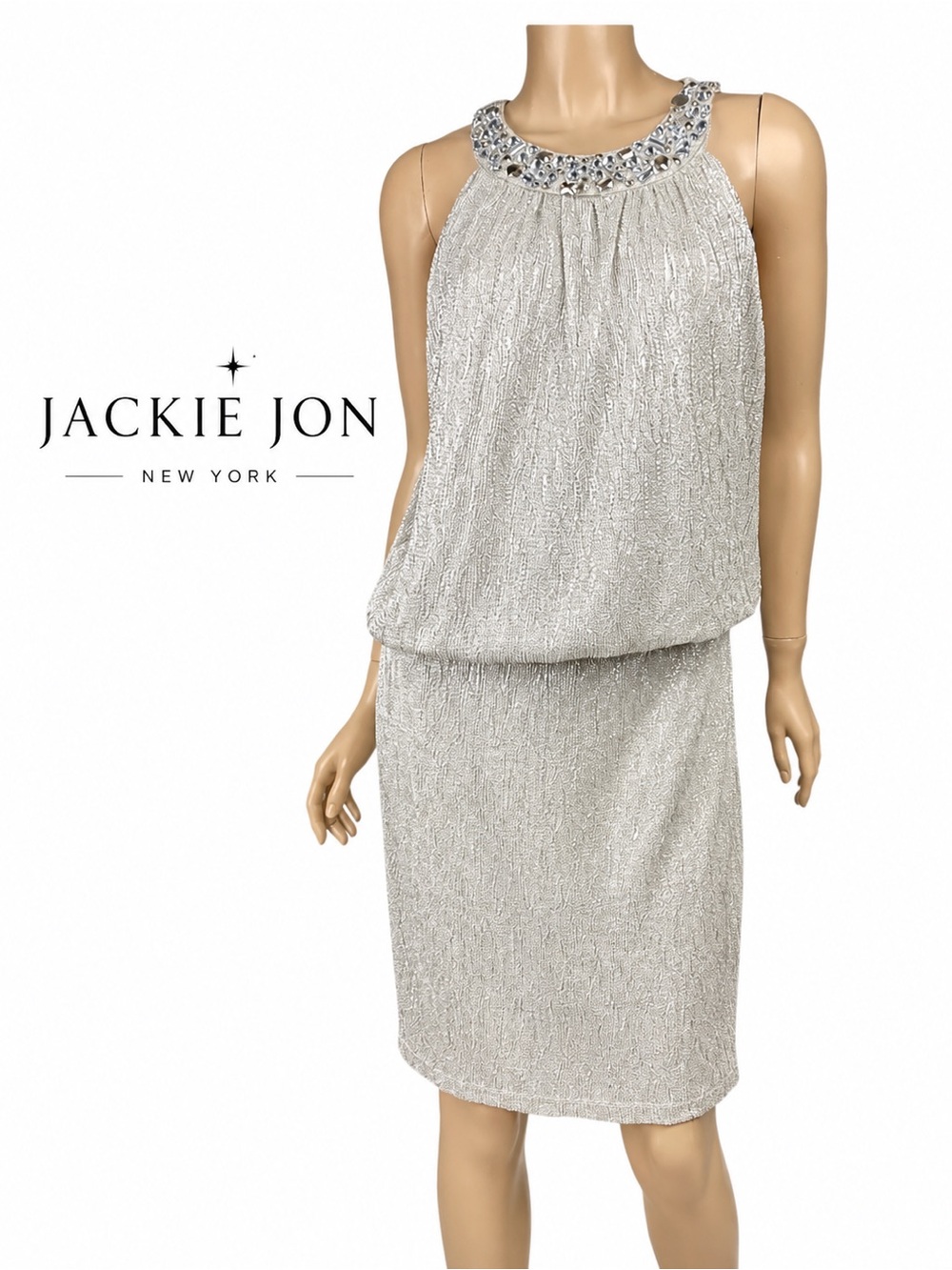 Jackie Jon New York Silver Beaded Cocktail Dress Women’s Size 16